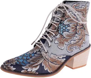 Women's Western Ankle Boots Casual Cowgirl Boots Ankle Bootie Vintage Floral Embroidered Cowboy Boots Ankle Booties