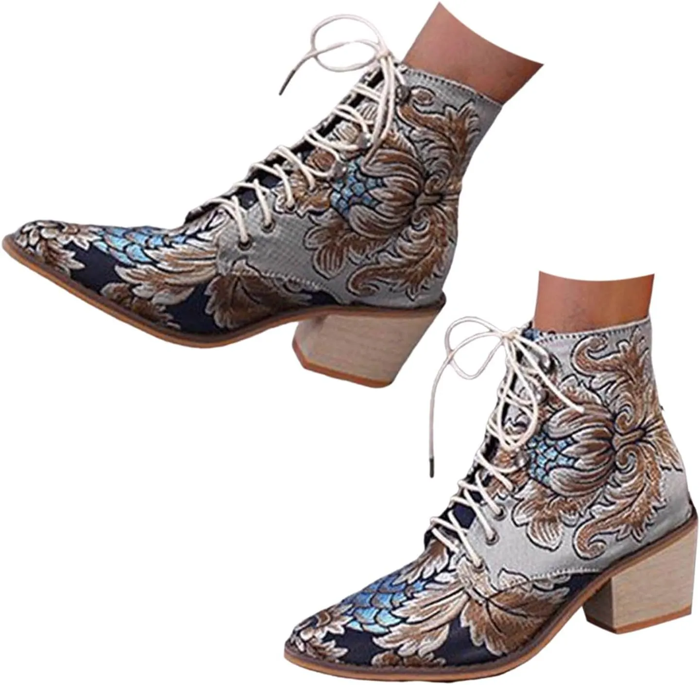 Women's Western Ankle Boots Casual Cowgirl Boots Ankle Bootie Vintage Floral Embroidered Cowboy Boots Ankle Booties