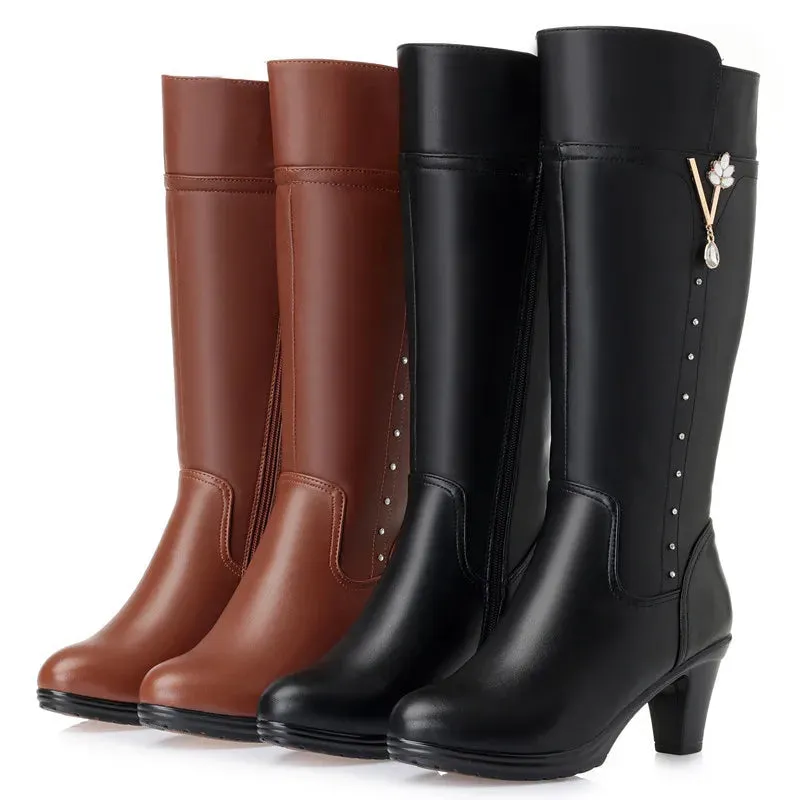 Women's Winter Genuine Leather High-Heeled Wool Boots - Warm Trendy Riding Boots