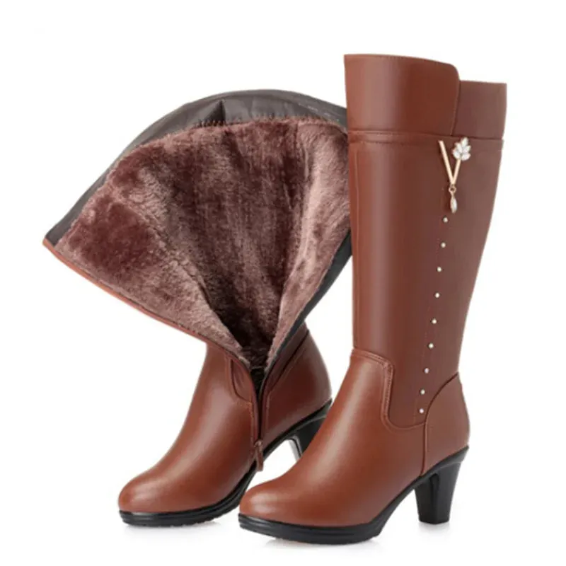 Women's Winter Genuine Leather High-Heeled Wool Boots - Warm Trendy Riding Boots