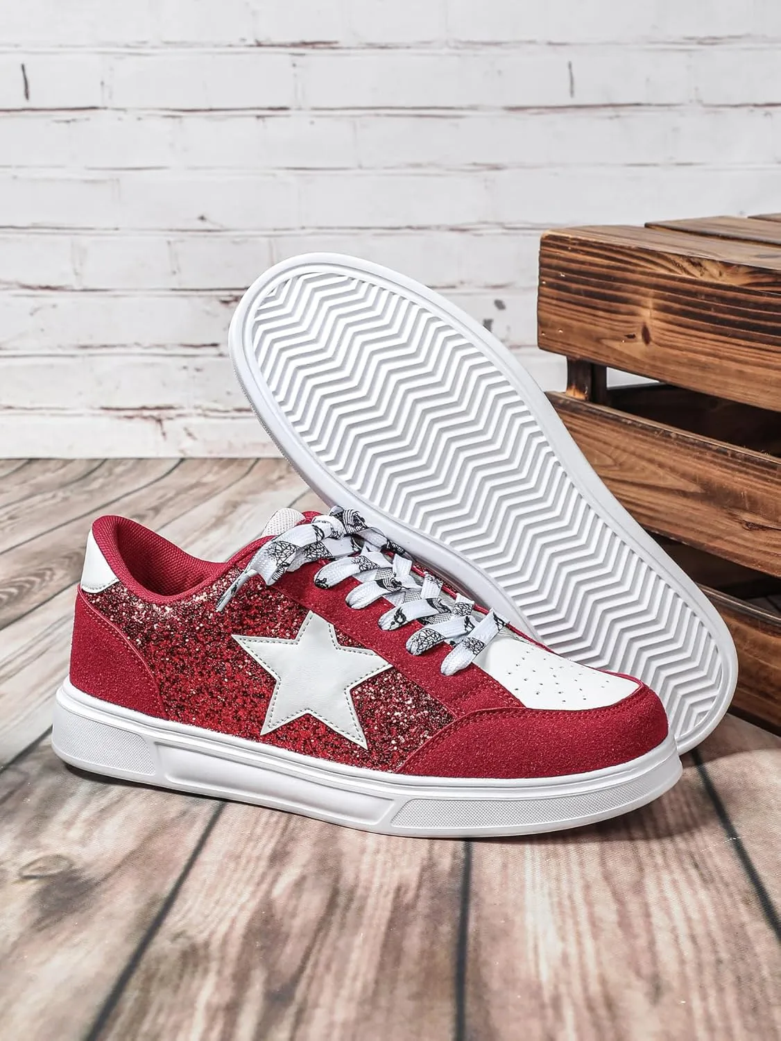 Y2K Style Star Glitter Skate Sneakers for Women Wide Fit Casual Sport Shoes, Trendy Student Footwear in Plus Sizes