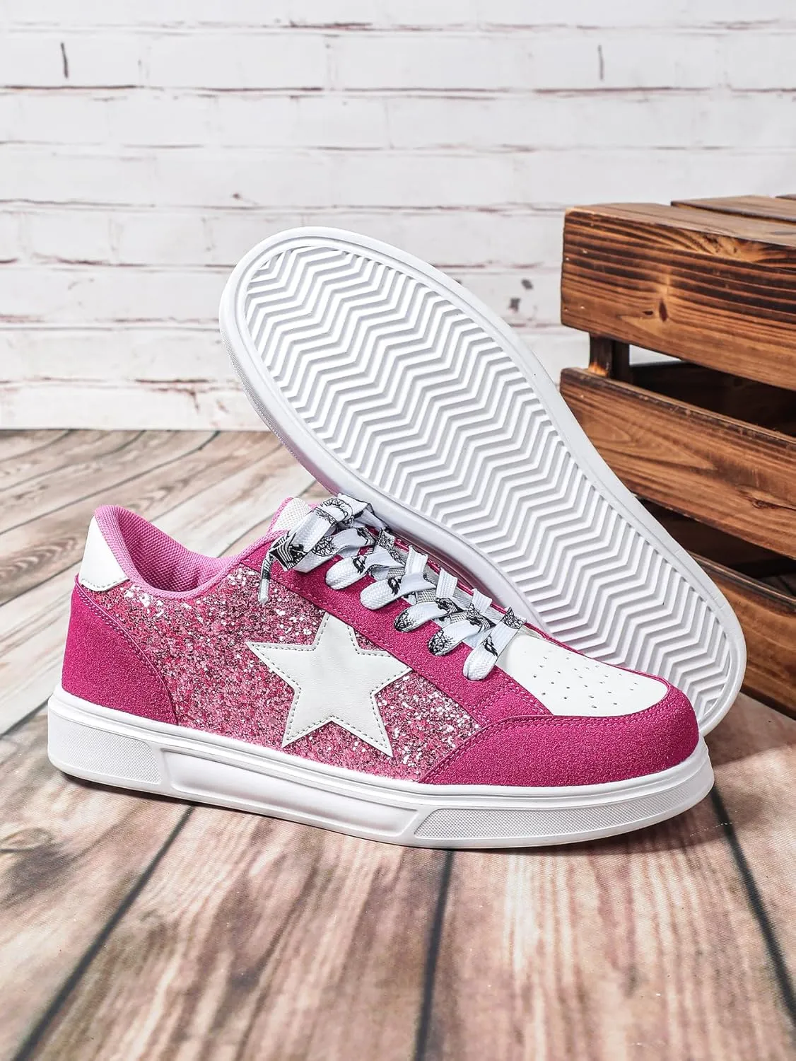 Y2K Style Star Glitter Skate Sneakers for Women Wide Fit Casual Sport Shoes, Trendy Student Footwear in Plus Sizes