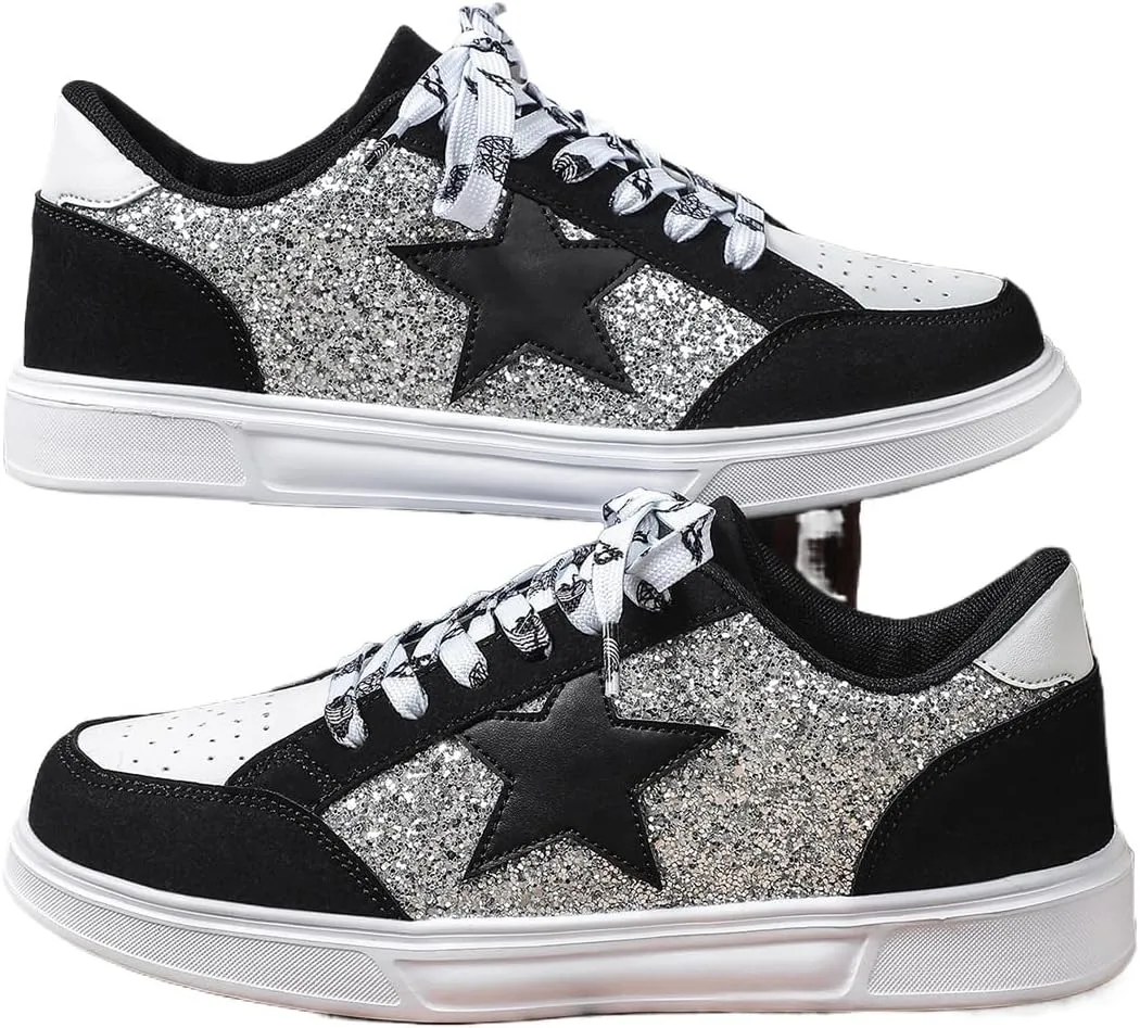 Y2K Style Star Glitter Skate Sneakers for Women Wide Fit Casual Sport Shoes, Trendy Student Footwear in Plus Sizes