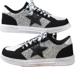 Y2K Style Star Glitter Skate Sneakers for Women Wide Fit Casual Sport Shoes, Trendy Student Footwear in Plus Sizes